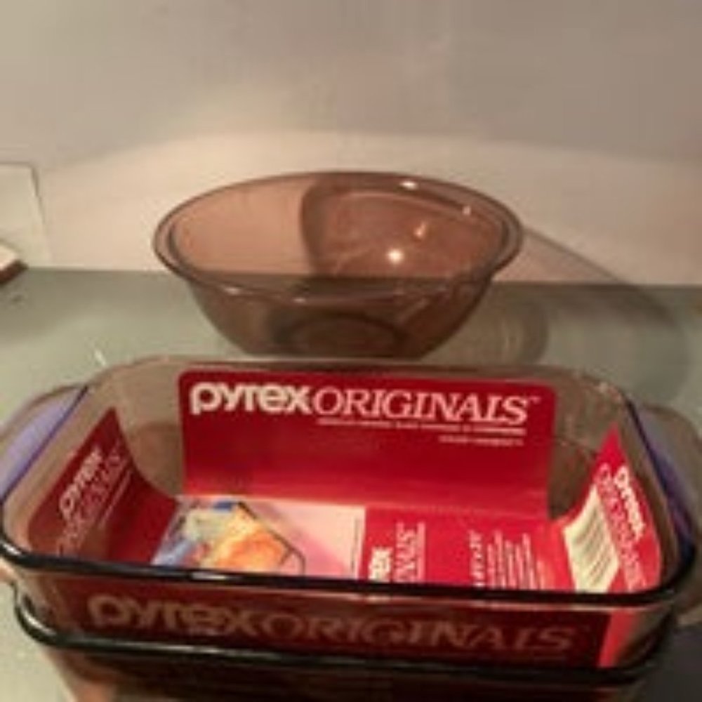 2 Pyrex Corning Cranberry Glass Bread Loaf Pan And Mixing Bowl